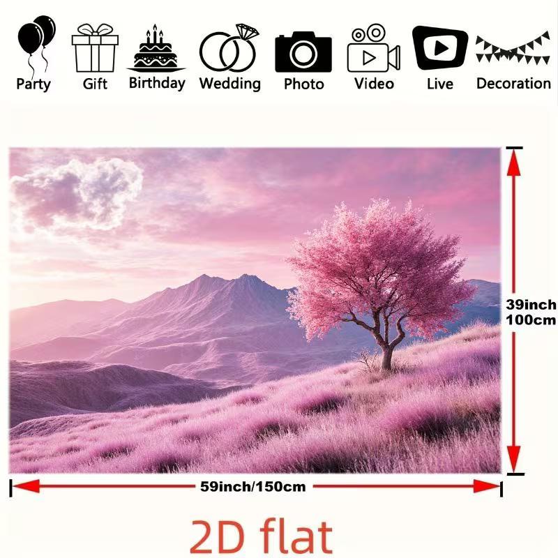 2D Artistic Pink Meadow & Tree Tapestry for Content Creation & Home Decor