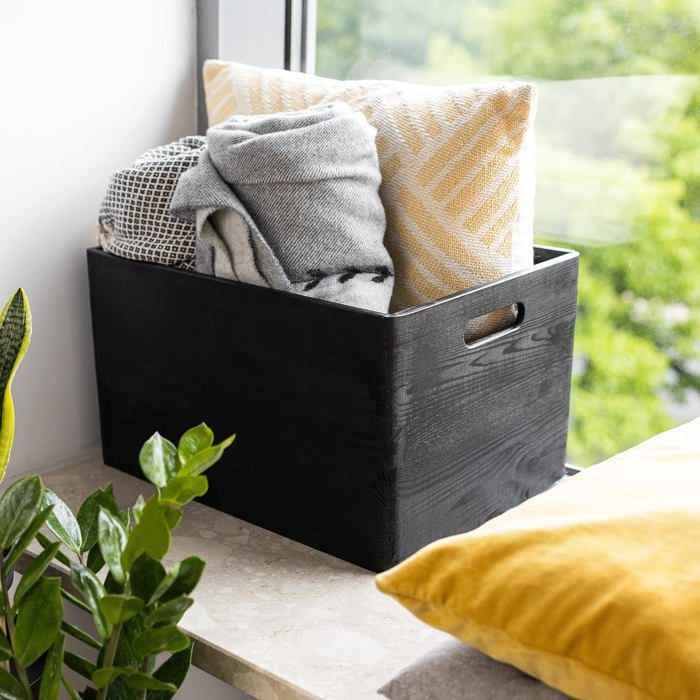 Boîte de Rangement en Bois Creative Deco Noire 39x29x23cm avec Poignées