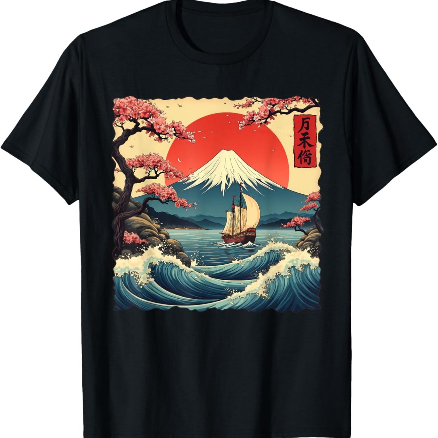 Vintage  Art Kanagawa Cherry Blossom Woodblock Japan T-Shirt S чёрный