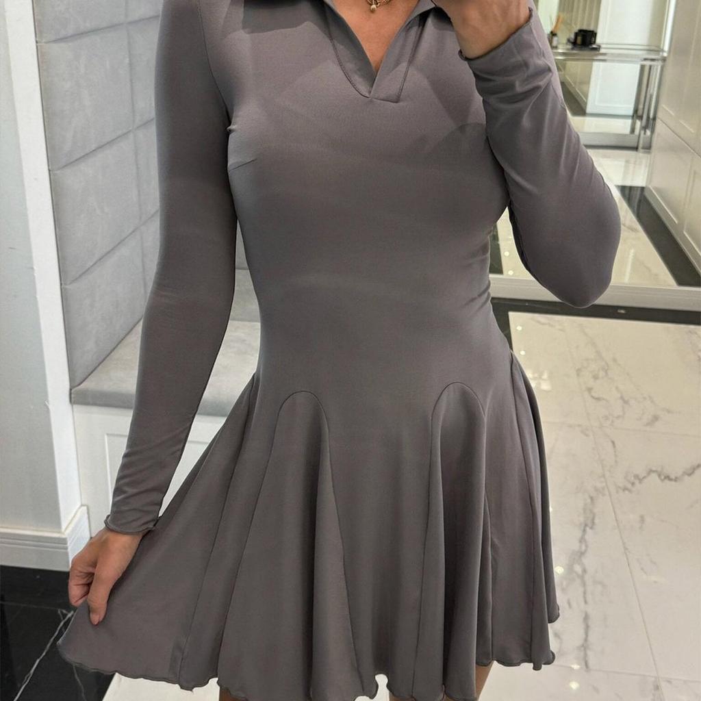 Women's Fashion Casual Long-sleeved Ruffled Short A-line Pleated Dress