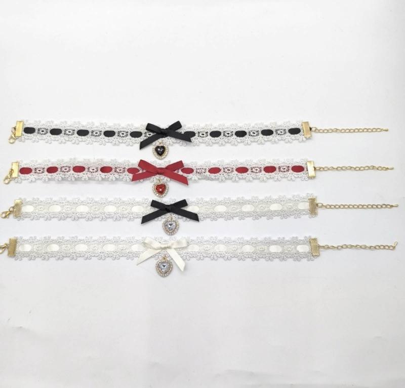 Fashionable Necklace Bowknot Heart Pendant Neckchain Adjustable Lace Choker Handmade Collarbone Chain Gifts for Women