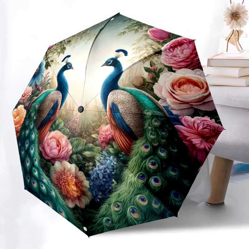 1pc Peacock, feathers pattern Umbrella Portable Folding Umbrella Iron Frame Hole Bone Structure Outdoor Home Umbrella