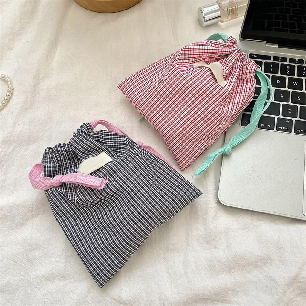 Cosmetic Bag Plaids Toiletry Bag Makeup Bag Lipstick Storage Pouch Drawstring Wash Bag Candy Bag for Women and Girls