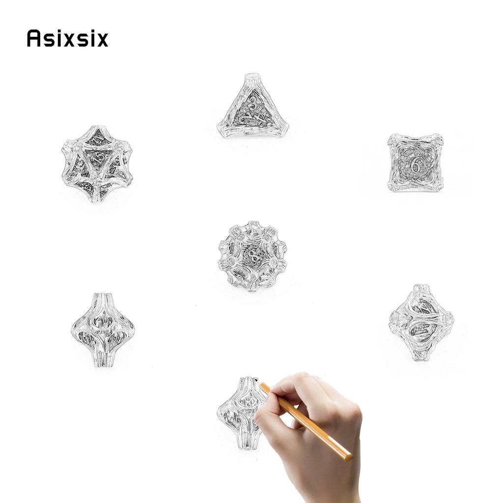 7 Pcs Silver Red Tree Stump Root Metal Dice Solid Metal Polyhedral Dice Set Suitable for Role-Playing RPG Board Game Card Game