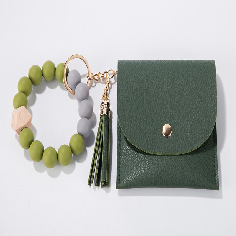 Food Grade Keychain Bracelet Silicone Wallet With Wood Bead and Wallet Women's Key Chain Bangle With Tassel and Purse