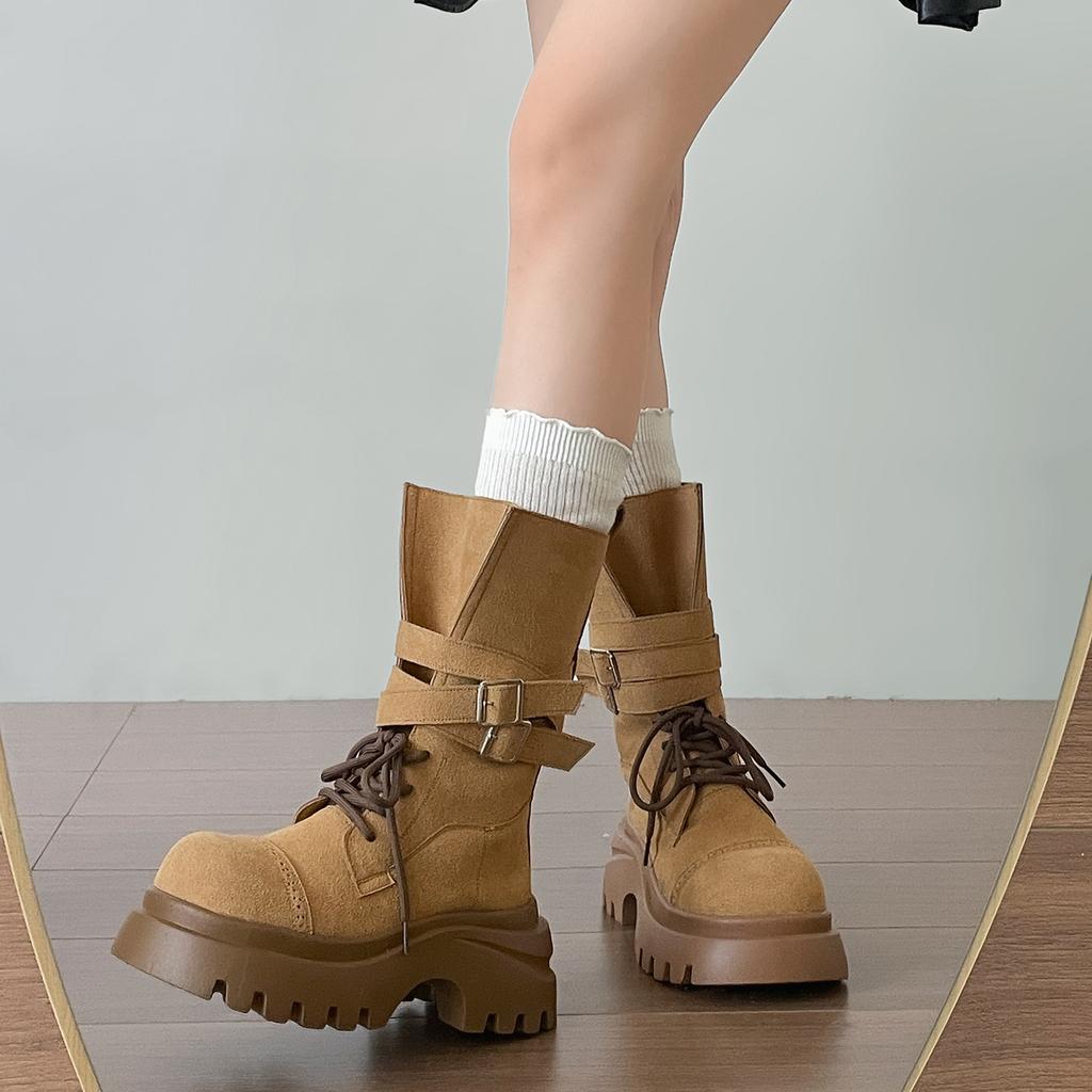 Mid Calf Women Boots Flats Platform Shoes Lace Up Casual Shoes Woman Winter 2025 New Buckle Chelsea Boots Sport Walking Shoes