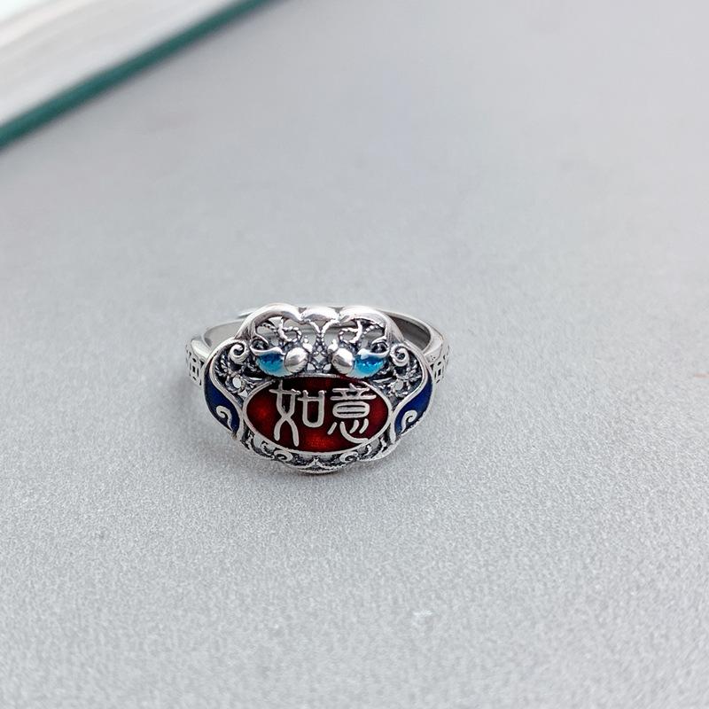 925 Sterling Silver Enamel Red Ruyi Lock Ring Handmade Hollowed Filigree Craftsmanship Retro Ethnic Style Ring Silver Jewelry