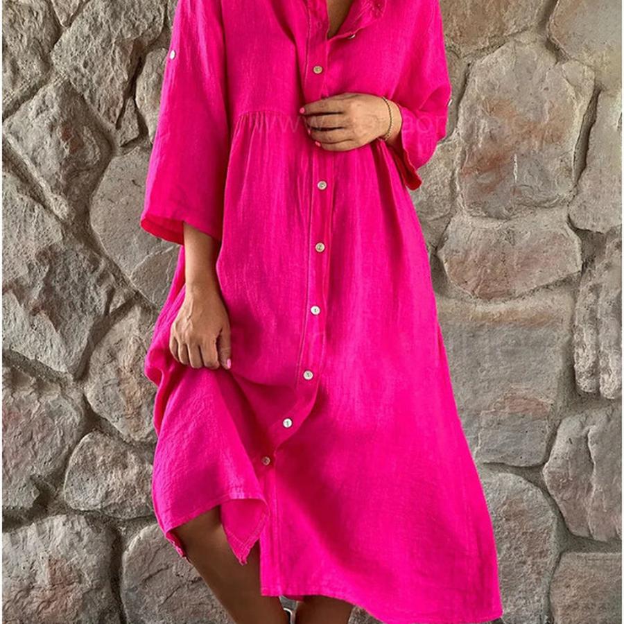 Women s New Cotton Linen Solid Color Button Long Dress S красный