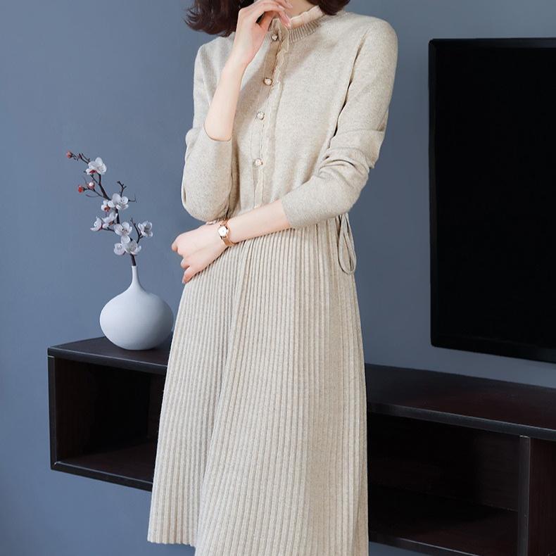 Knitted Dress for Women's Winter Casual Half Turtleneck Sweater Slim Solid Color Mid-length Sweater Dress