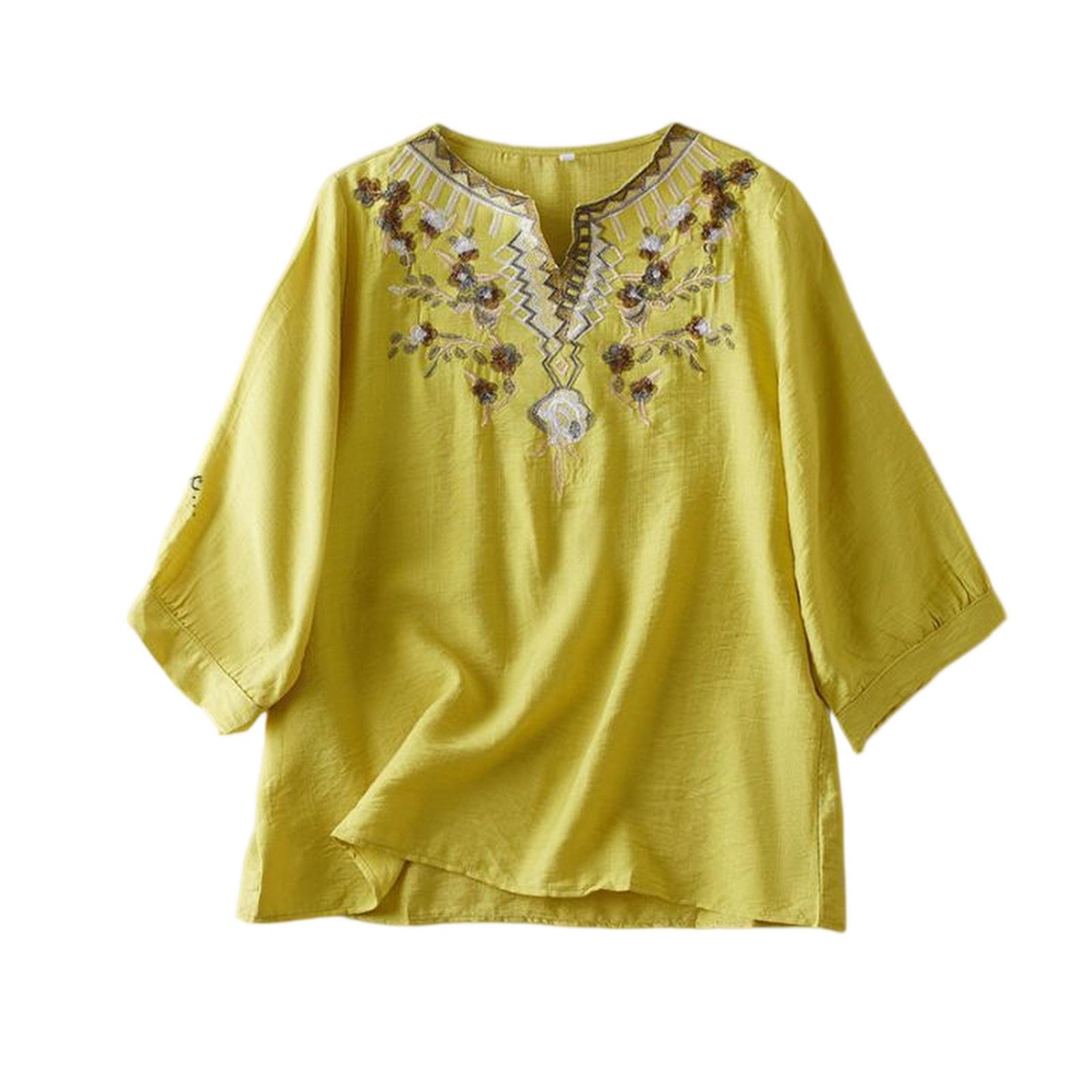 

Women s Vintage Inspired Loose Fit Mid-Sleeve Cotton Linen Blend Embroidered Top XL жовтий