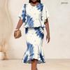 Women Plus Size Off White Blue Beige Printed Round Neck Batwing Sleeve Ruffle Hem Top Fishtail Skirt Two Piece Set