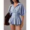 Summer New Women's Design Waist Shirt Casual Versatile Striped Pleated Slim Top
