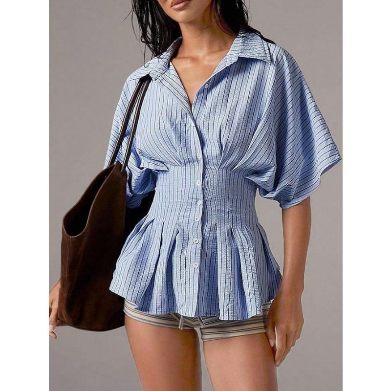 Summer New Women's Design Waist Shirt Casual Versatile Striped Pleated Slim Top