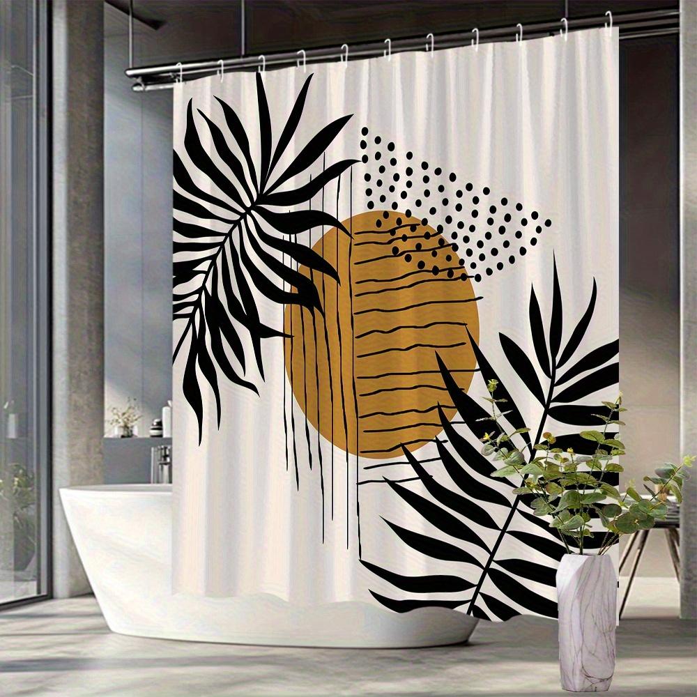 1 Modern Bathroom Shower Curtain - Large Palm Leaf And Sun Dot Pattern On Light Beige Background With Black Lines - Machine Wash