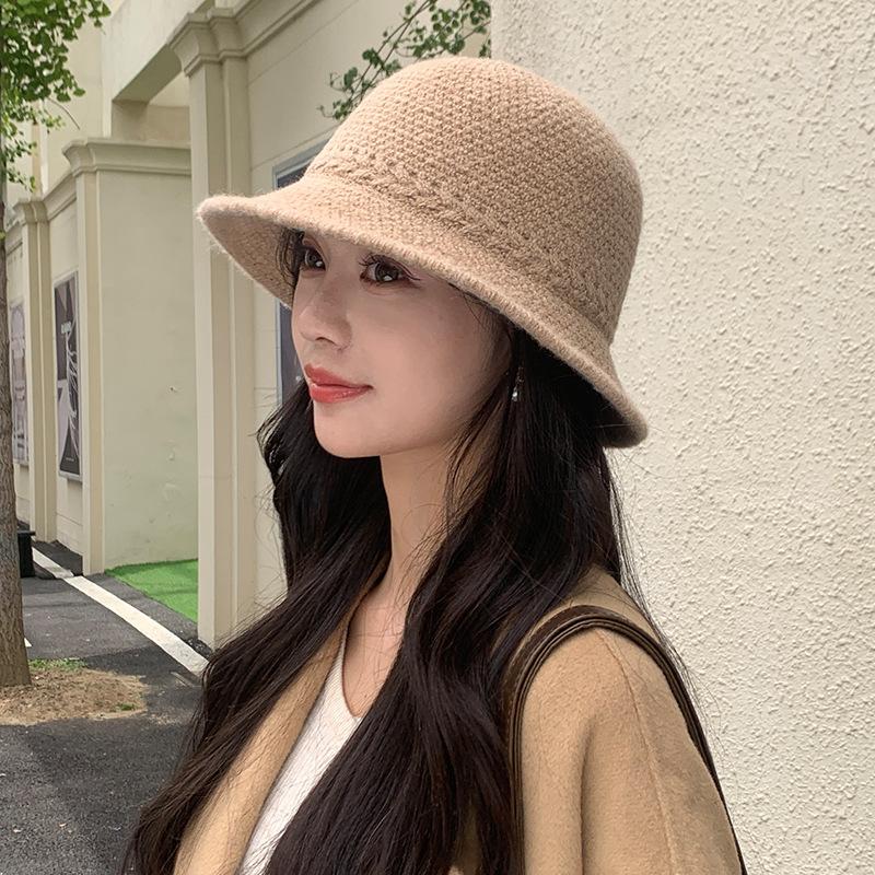 Knitted Fisherman Hat for Women Japanese Solid Color  Versatile Basin Hat Wide Brim Face  Showing Small Outdoor Bucket Hat