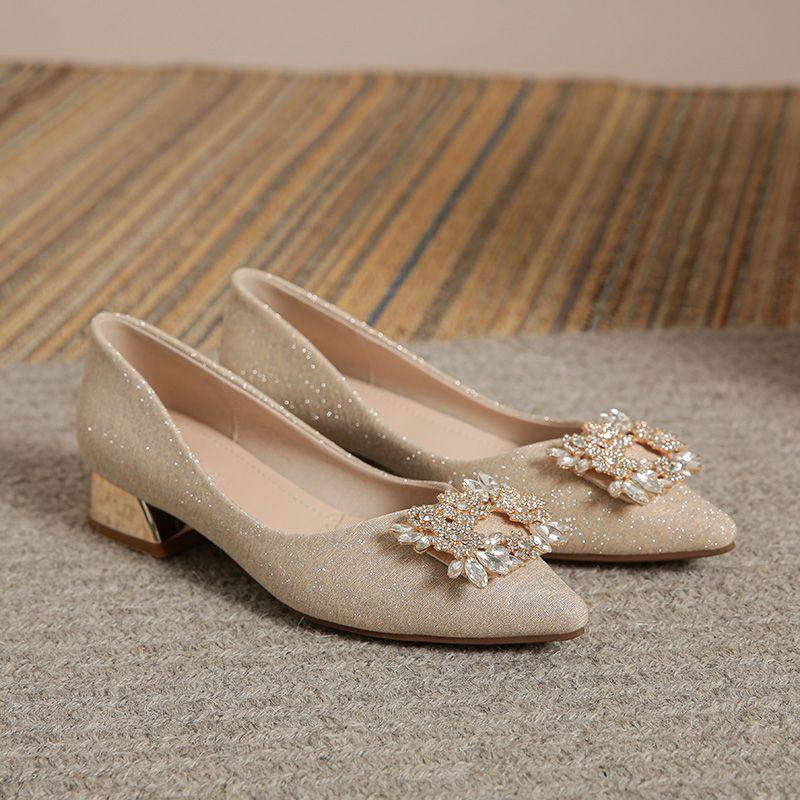 

Темпераментные туфли-лодочки на низком каблуке для женщин, весна-осень 2025, на толстом каблуке, с мягкой подошвой, с острым носком, с мелким вырезом, большого размера Doud 40 шампанского