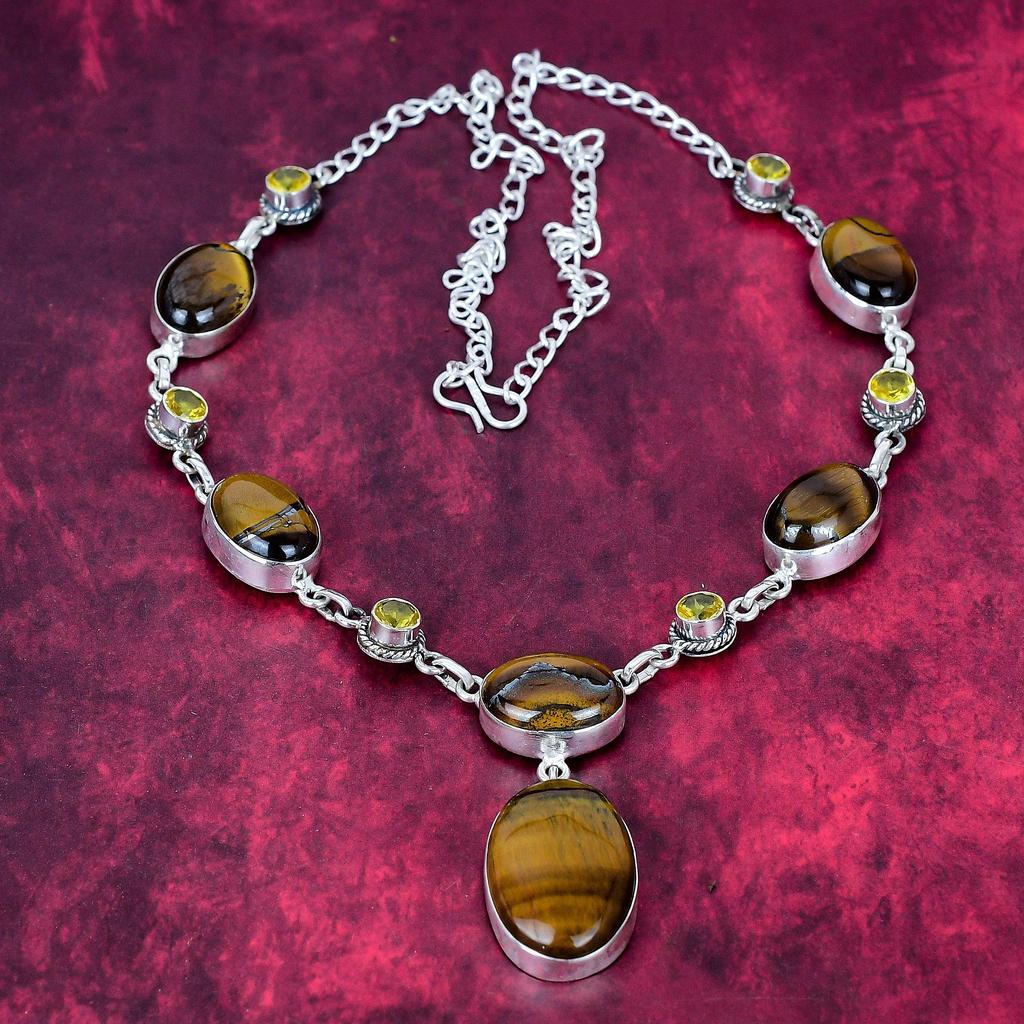 Tiger's Eye & Citrine 925 Solid Sterling Silver Necklace Adjustable, Chain Necklace Handmade Gemstone, Gift For Mom Antique Jewelry