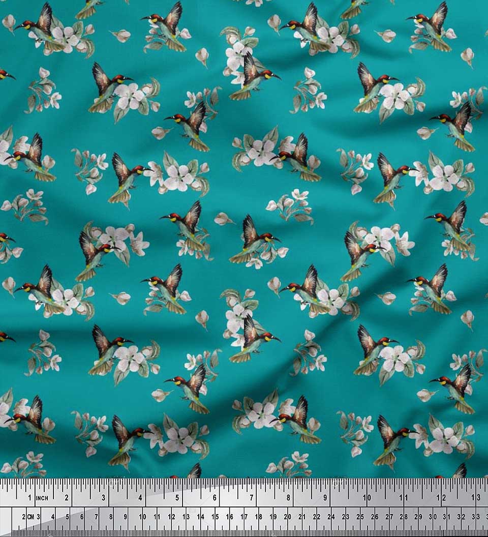 

Тканина Soimoi Japan Crepe Satin Leaves, Pernenel & Hummingbird Bird Print Тканина на метр 42 дюйма 42 Inch Wide - Poly Crepe зелений