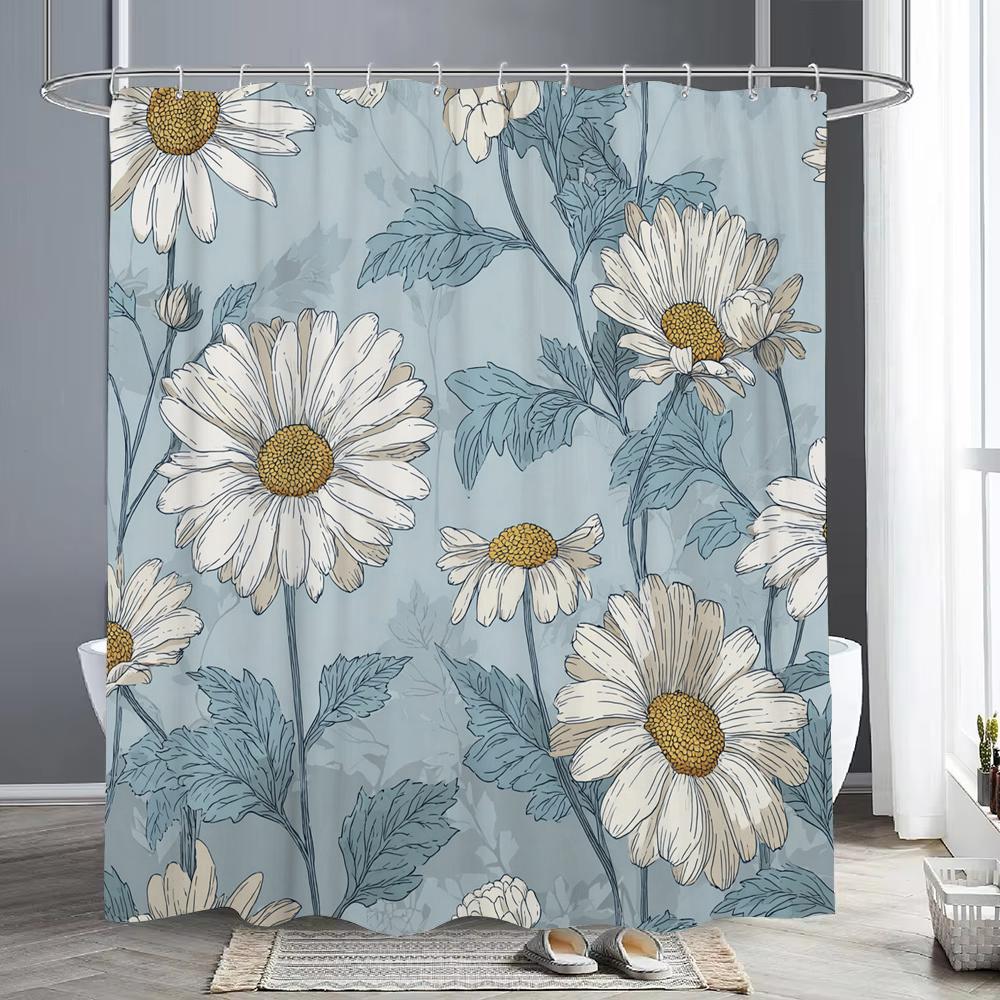 White Daisy Flowers Shower Curtain, Floral Art Bathroom Decorative Shower Curtain, Printed Polyester Fabric Curtain with Hooks