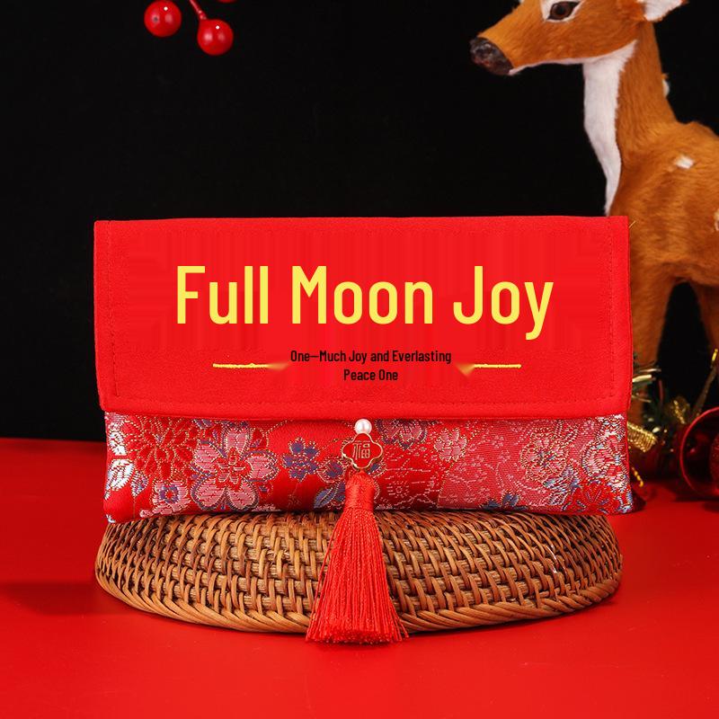 

2026 Full Moon Brocade Red Envelope: Creative Embroidered Birthday Gift for 1-Year-Old with Lucky Money Long Rope