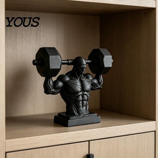 Fine 3D Printing Muscle Model Printed Man Figurine, Matte Black Realistic Iron-Lifting Shape Line Sculpture with Stable Base, Gym Decor