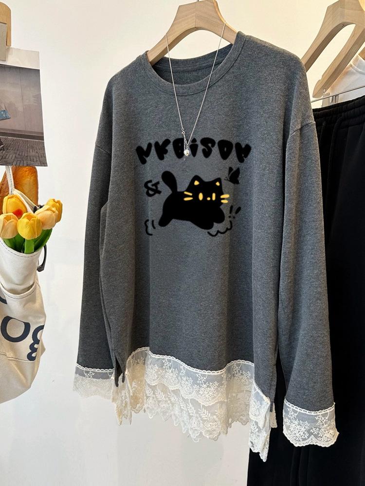 Cross280g Bestselling Plus Size Lace Trim Cartoon Brushed Long Sleeve Women's Loose T-shirt