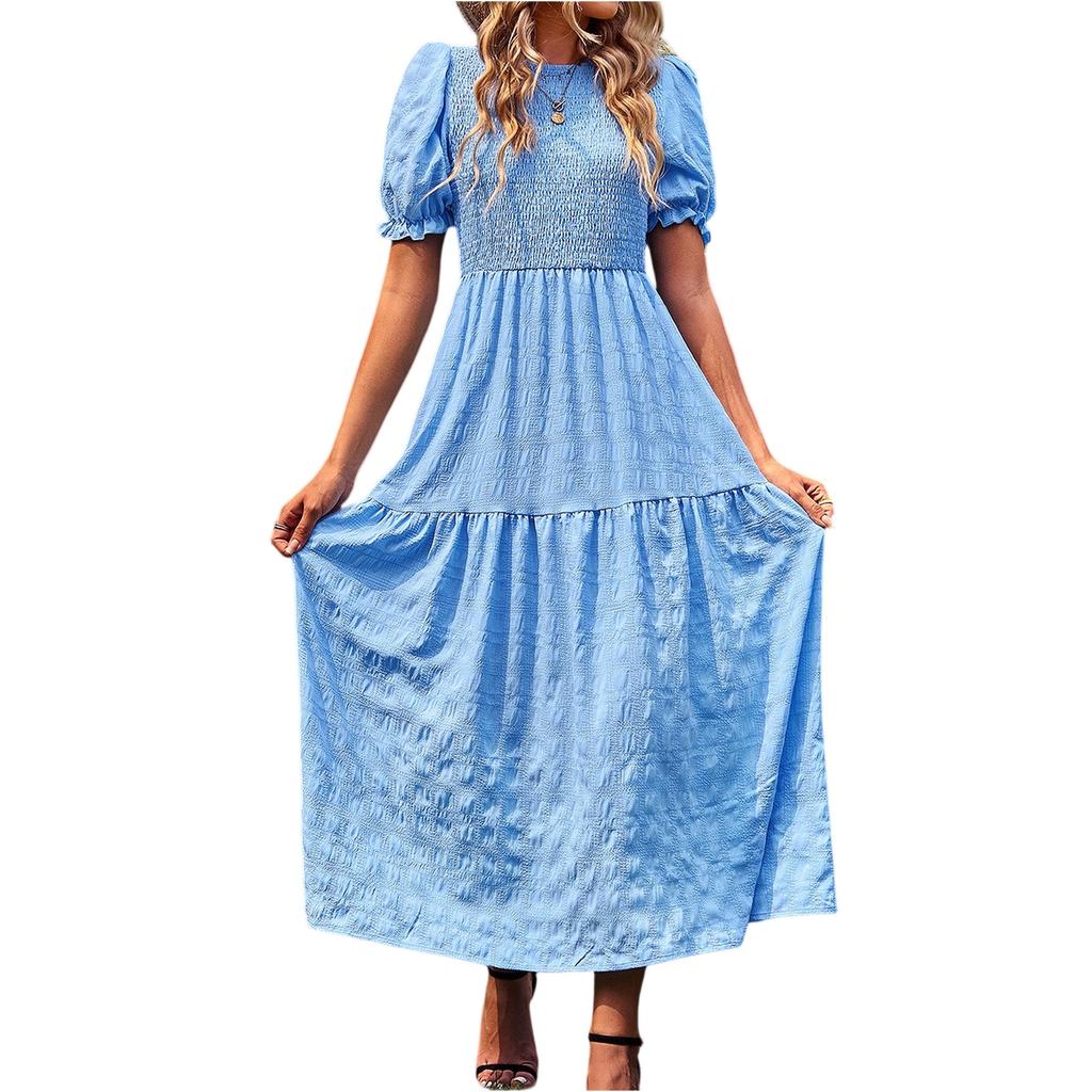 Kvinners Mote Casual Ensfarget O-hals Kort Ermet Kjole