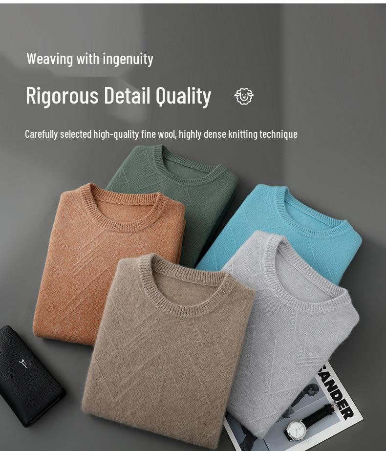Men's Diamond Jacquard Pure Wool Pullover - Thick, Soft, and Smooth Round Neck Sweater for Autumn/Winter 2025.