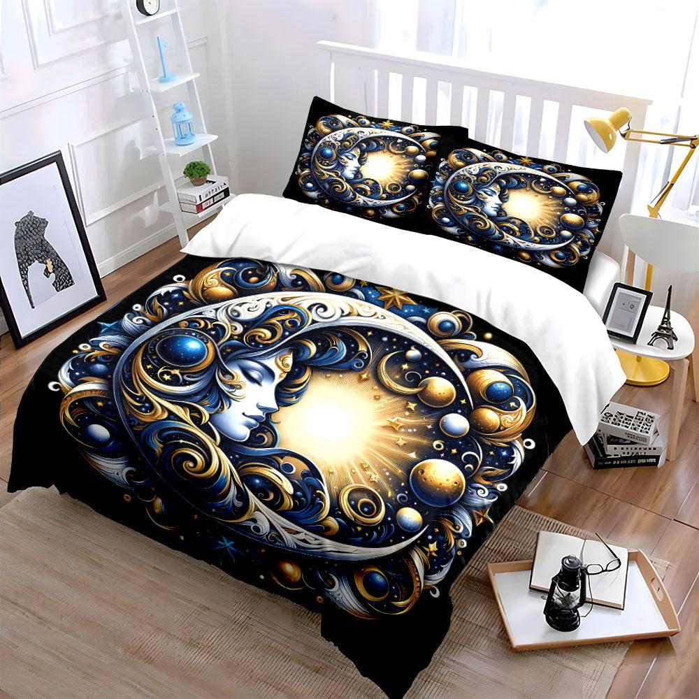 Celestial Moon and Sun Art Set Bedding Set with 1 Duvet Cover 2 Pillowcases Single Double King Queen, Gift