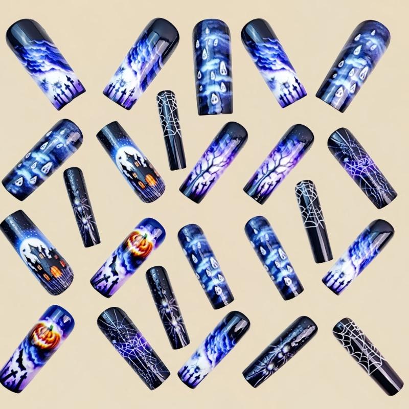 Long Purple Halloween Ghostly Pumpkin False Nail With Spiders Web Design For Party Festive Nail Art Lightweight Fake Nail