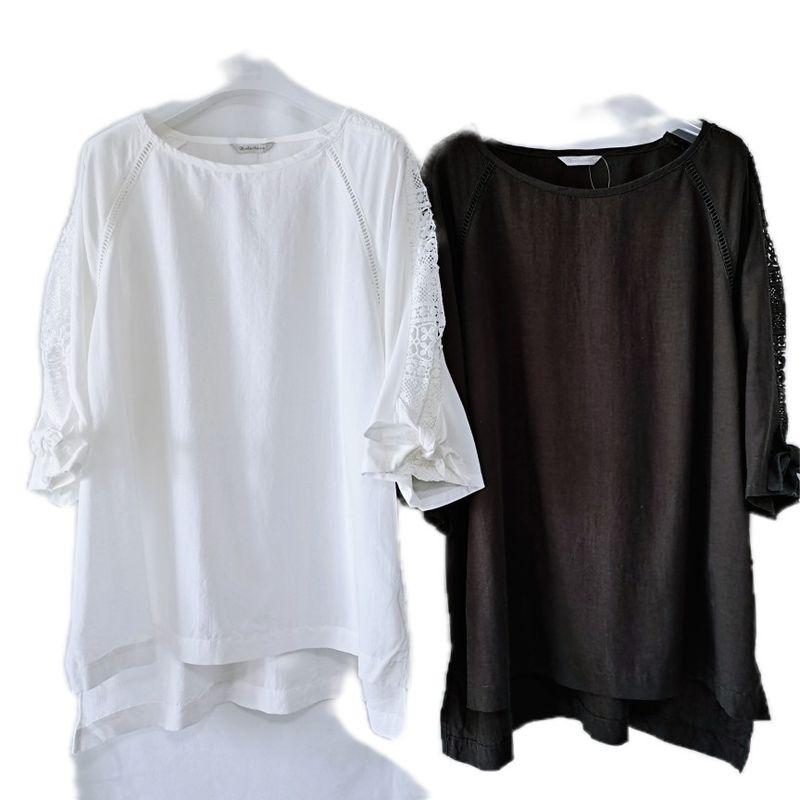 Export Original Order Leftover Stock Cotton and Silk White Round Neck Pullover Shirt Plus Size Loose Casual Embroider 3/4 Sleeve Cool