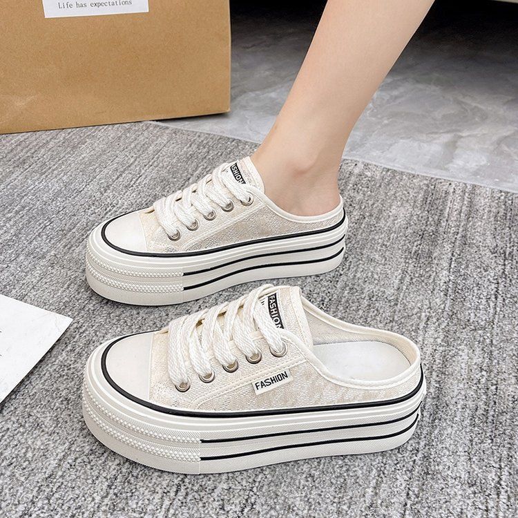 

2025 summer new Internet celebrity lace bag head half slippers women wear thick bottom versatile breathable mesh half slippers 35