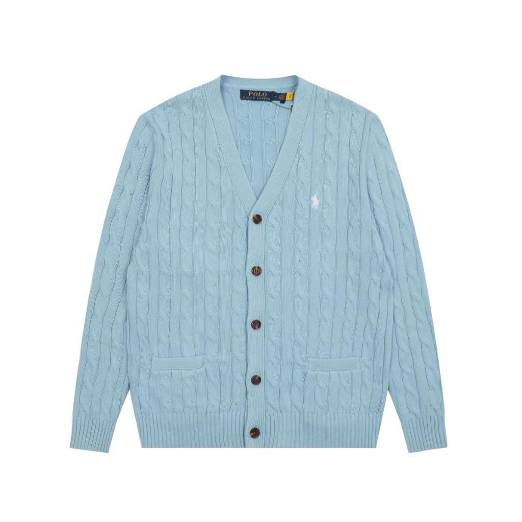 RLV V-Ausschnitt Unifarbene Zopfmuster-Strickjacke mit kleinem Pferde-Sticklogo