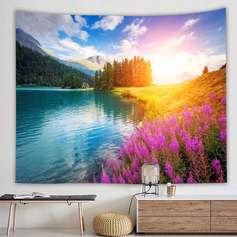 Landscape Forest Waterfall Lotus Cloth Wall Hanging Dawn Ocean Wall Tapestry Beach Tapestry Home Decoration