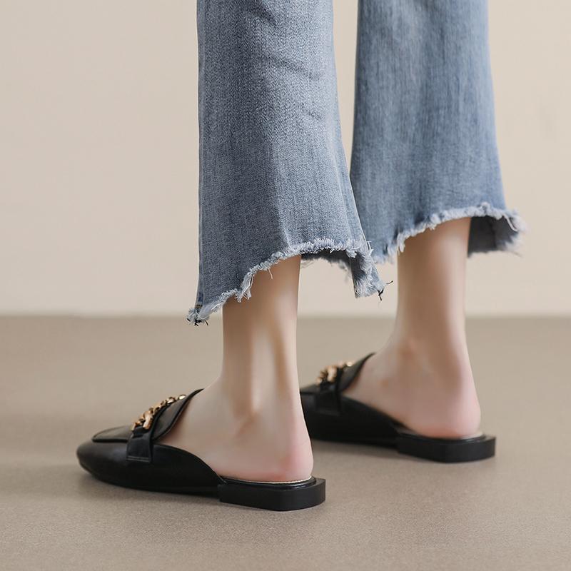 Spring Women New Slippers Flat Square Mule Outdoor Casual Shoes Korean Style Fashion Metal Chain Design Banquet And Office