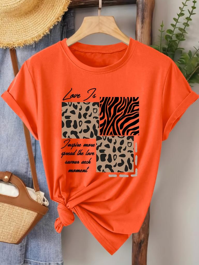 Vintage Letter Leopard Graphics Print Casual Summer Women's Short Sleeve T-Shirt Round Neck Y2k Tops Versatile Female Clothing