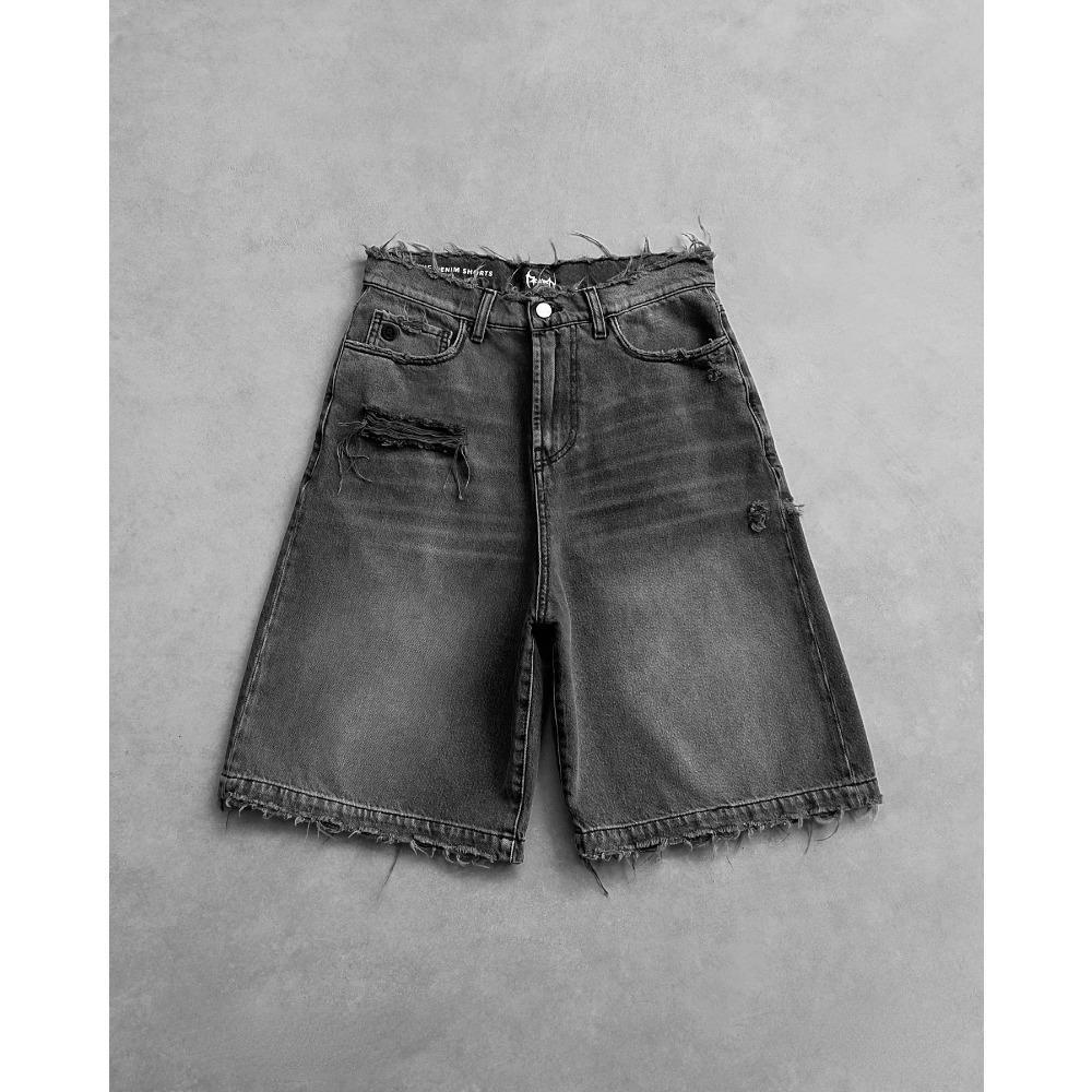 ZYLLO Y2k Black Punk Washed Baggy Work Shorts Men Women Fashion Hip Hop Ripped Hole Denim Shorts Vintage Raw Edge Jorts Streetwear