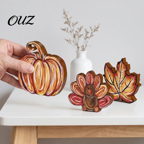 Thanksgiving Centerpiece for Dining Table 3Pcs Wooden Block Signs, Fall Pumpkin Turkey Maple Leaf Tabletop Rustic Autumn Tiered Tray Accents
