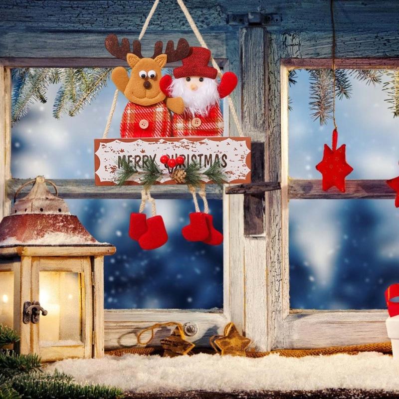 Festival Double Face Santa And Reindeers Hanging Decoration Outdoor Christmas Decorations
