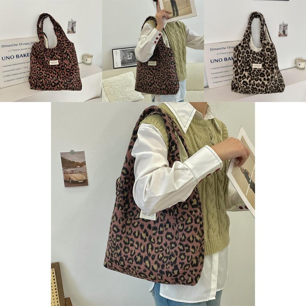 Chic And Trendy Wool Leopard Print Shoulder Tote Bag For Daily Fashion Needs