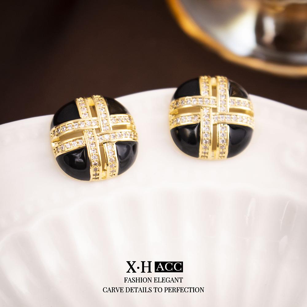 Elegant Gold-Plated Black Zircon Stud Earrings - Niche Design for a Luxurious Fashion Statement