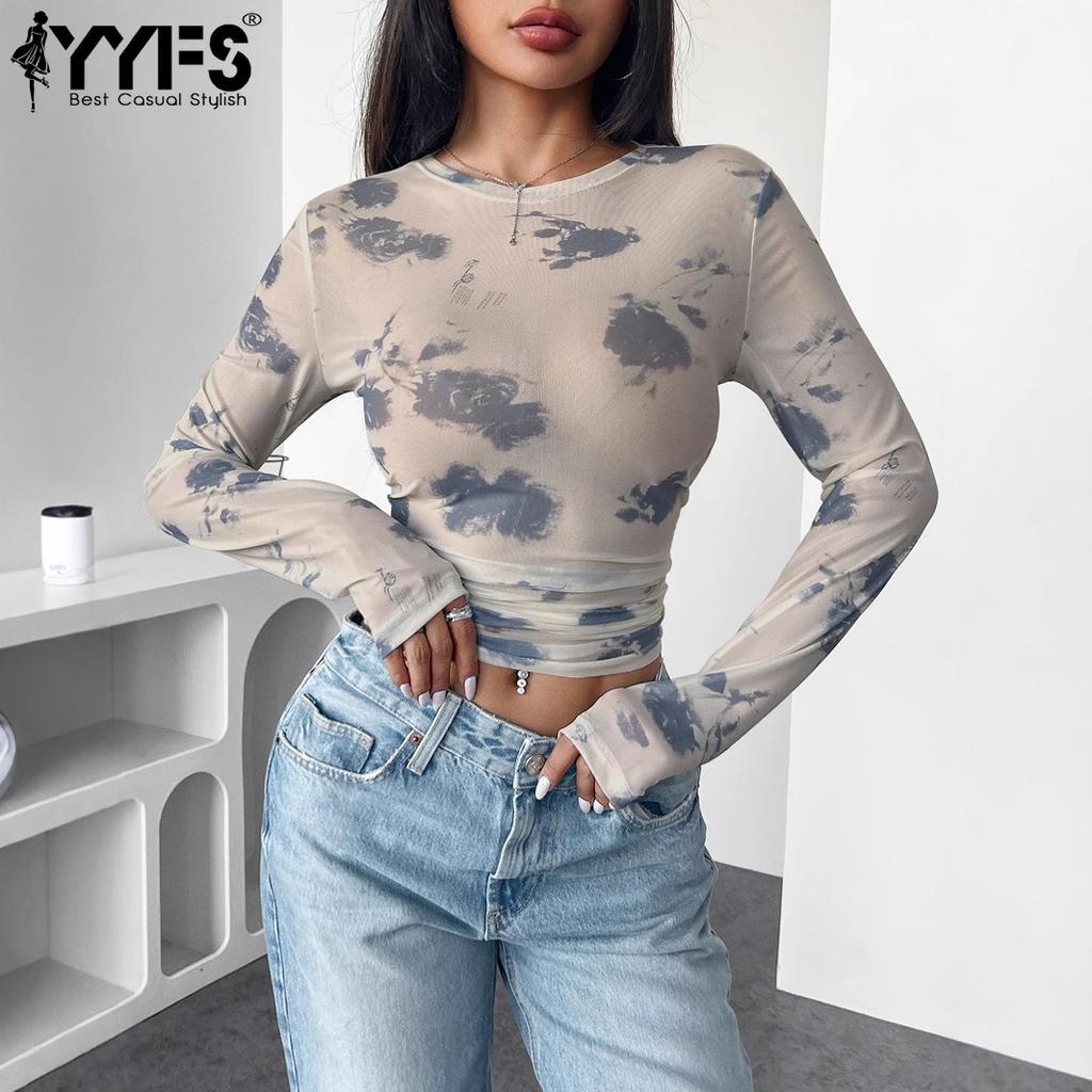 YYFS Women's Fashion Casual Spring Fall Colour Block Print  Long Sleeve O-Neck Blouses & Shirts