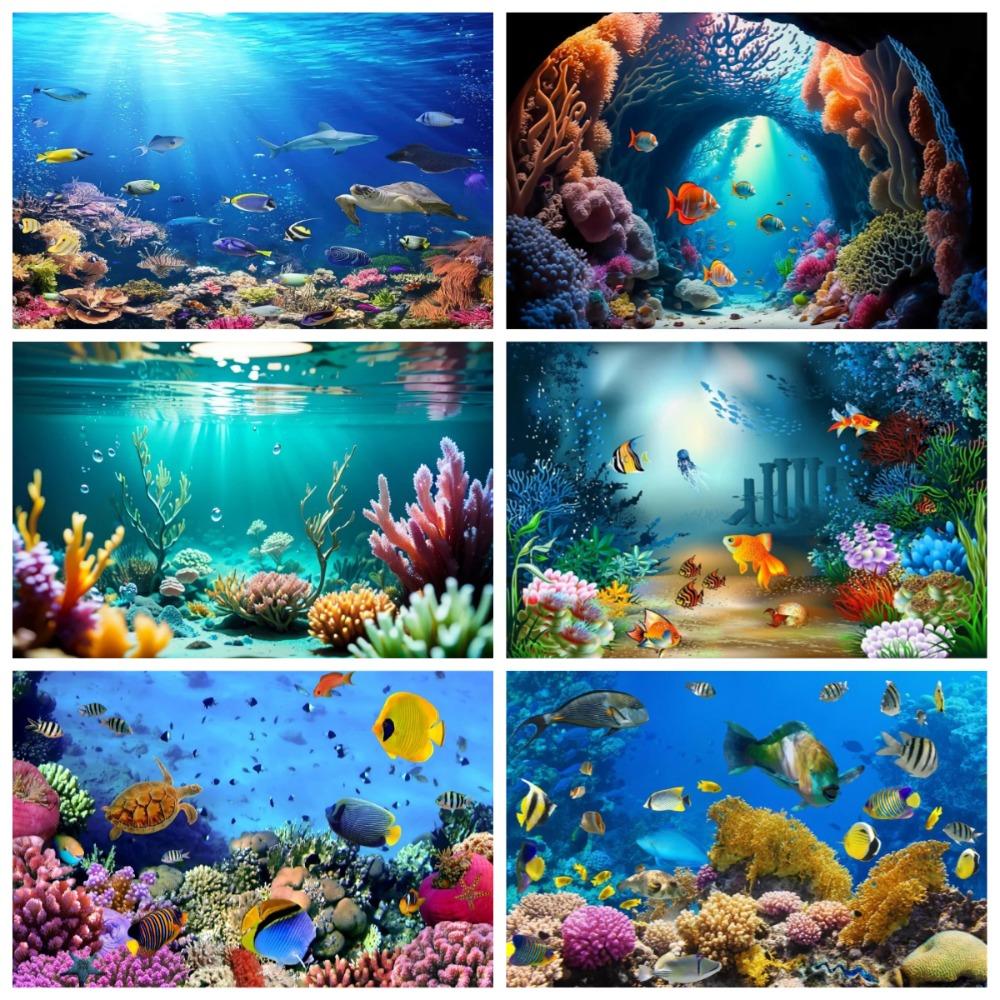 Underwater World Fish Coral Aquarium Theme Photography Backdrop, Children's Birthday Party, Home Decoration Photography Backdrop