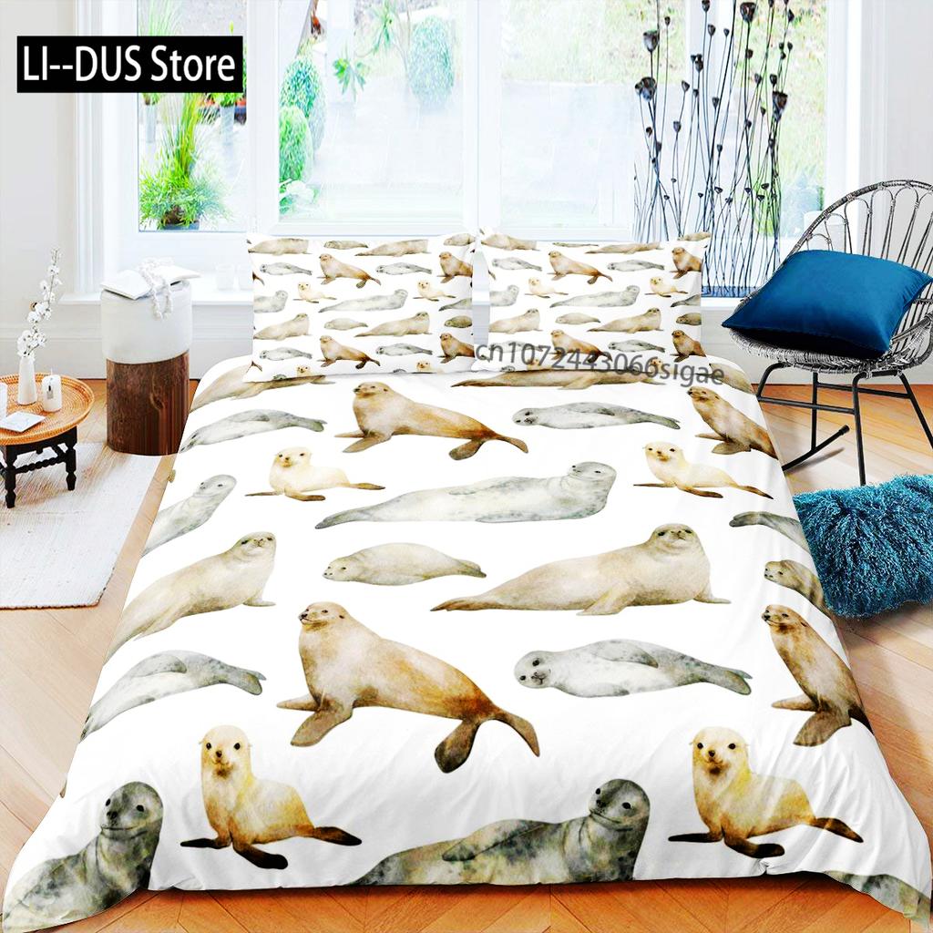 3D Sea Lion Duvet Cover King/Queen SizeCute Cartoon Sea Lion Sleeping Print Bedding Set For Kids Boysocean Animals Quilt Cover