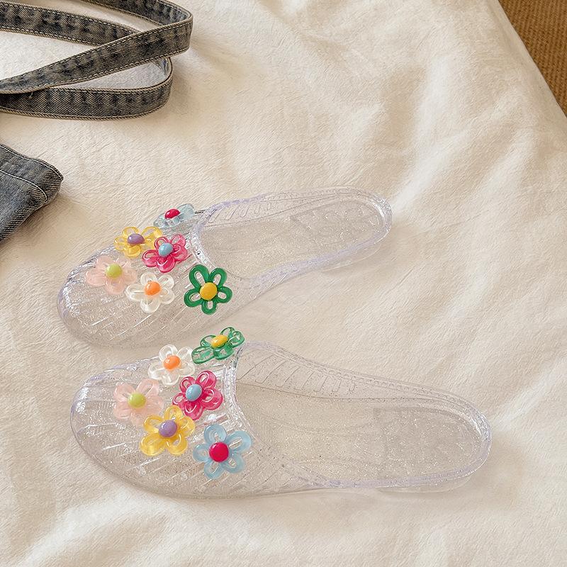 Women s Cute Flower Jelly Sandals Transparent Closed Toe Slides Colorful Floral Decor Non-slip Summer Beach Slippers Casual Flat Shoes 36