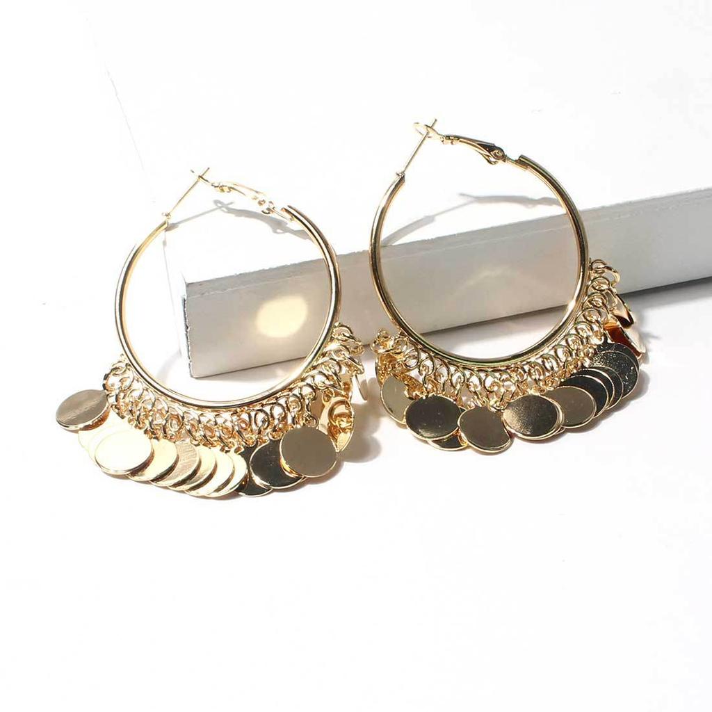 Exaggerated Metal Disc Fringed Earrings Geometric Gold Long Earrings