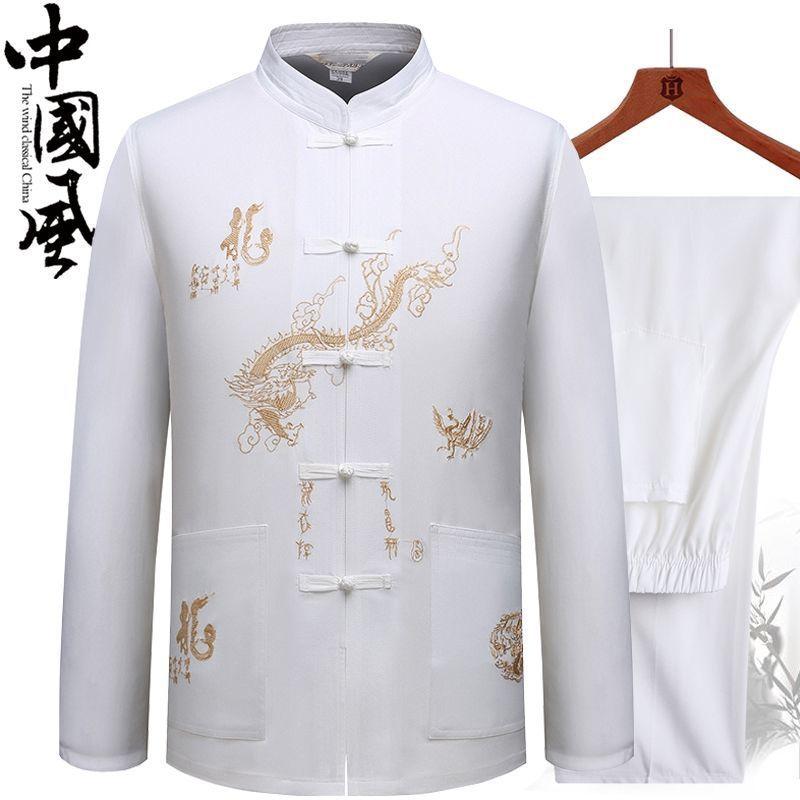 Men's Spring and Summer Casual Long Sleeve Suit Tang Suit Chinese Hanbok Top + Pants 2 Piece Set