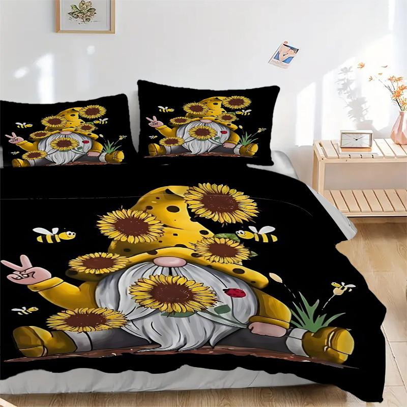 

3pc Sunflower Gnome with Bees Peace Sign Home Decorative Bedding Set-Suitable for Bedroom,Guest Room,Living Room,Hotel,Festive Gift 135x200cm