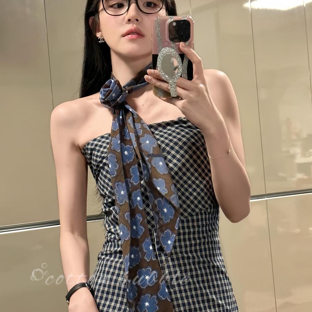 Korean Blue-Brown Floral Silk Tie-Neck Scarf