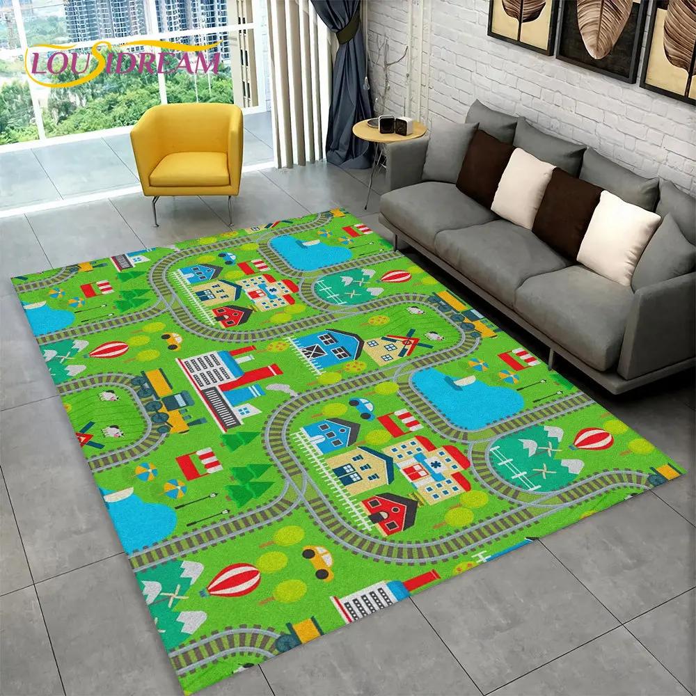 Highway City Traffic Cartoon Area Rug,Carpet Rug for Living Room Playroom Children's Bedroom Decor,Kid Game Non-slip Floor Mat